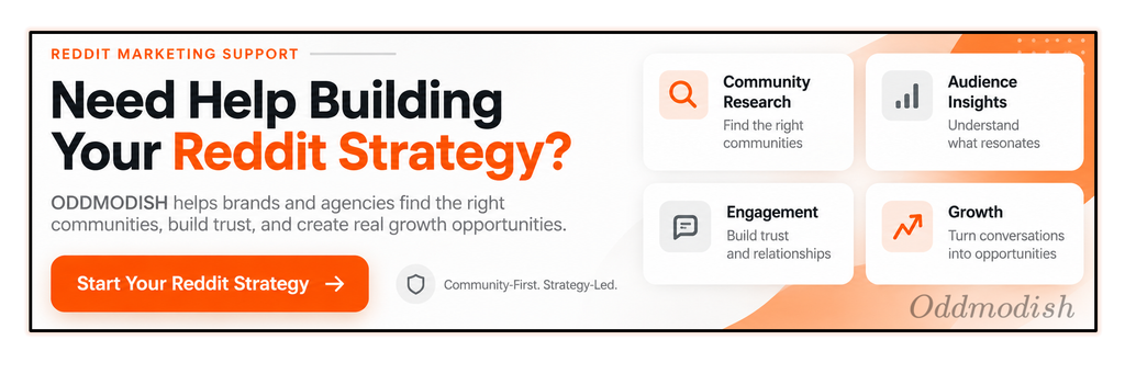 ODDMODISH Reddit marketing strategy banner showing community research, audience insights, engagement strategy, and growth opportunities for brands and agencies.
