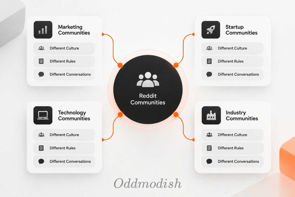 Reddit community ecosystem showing different communities with unique cultures, rules, and conversations for effective Reddit marketing strategy.