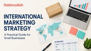 Oddmodish blog thumbnail for International Marketing Strategy: A Practical Guide for Small Businesses, showing a desk with a world map, shipping box, laptop chart, and market scorecard